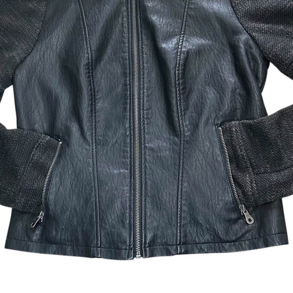 Moto 80's Jacket Womens M Black Excellent Faux Leather Knit Hooded Biker Zippers - Picture 7 of 8